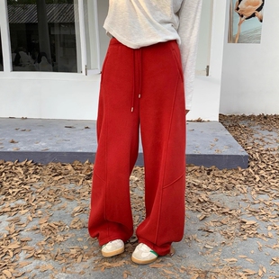 one seven高腰休闲弯刀裤女2025秋冬宽松长裤显瘦加绒加厚卫裤潮