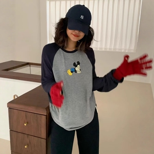 one seven拼色米奇插肩袖打底衫女2025秋冬圆领宽松白搭长袖t恤潮