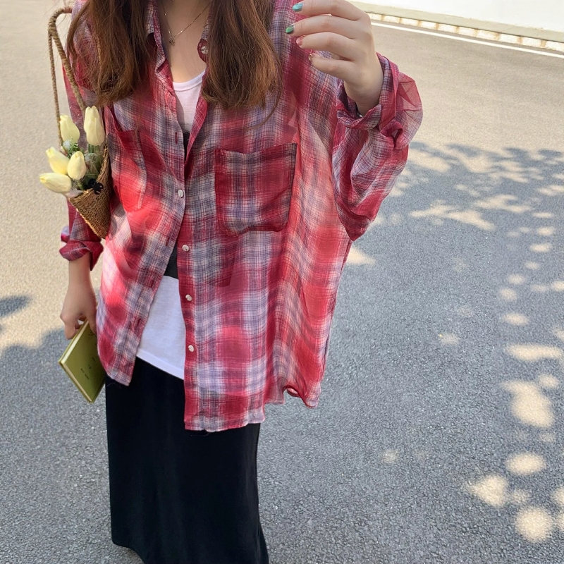 2025夏季one seven新款韩版宽松百搭雪纺红色格子长袖防晒衬衣女
