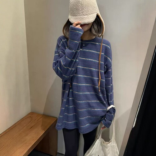 one seven刷毛紫色条纹长袖T恤女2026秋宽松显瘦百搭休闲打底上衣