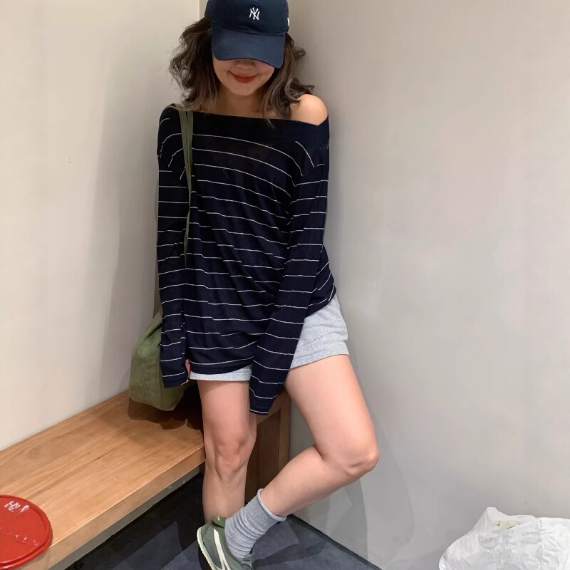 one seven韩系条纹一字领长袖t恤女2026春夏宽松薄款显瘦防晒上衣