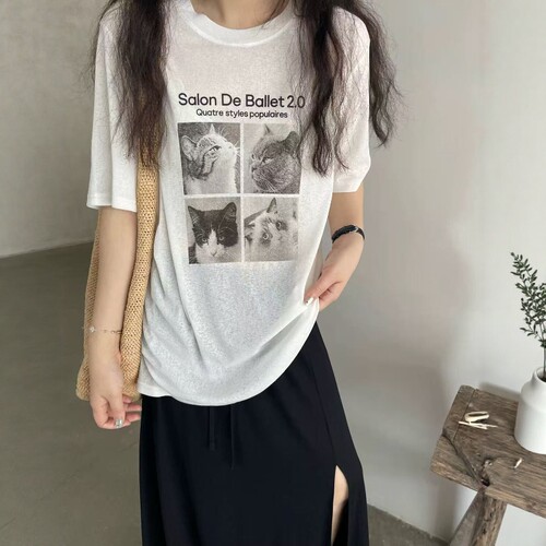 one seven琉璃纱小猫印花短袖T恤女2026夏宽松显瘦百搭薄款上衣潮