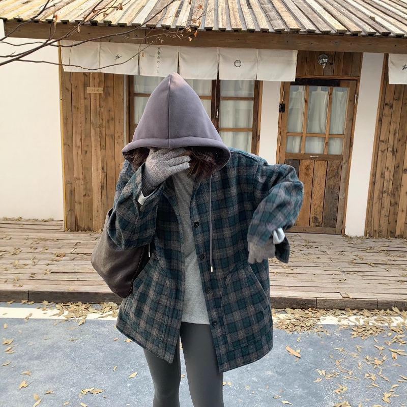 one seven连帽拼接格子加绒衬衣女2025冬韩版宽松休闲保暖外套潮