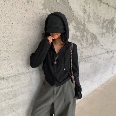 one seven韩版连帽薄款小开衫外套女2026秋双拉链显瘦百搭上衣潮