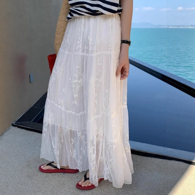 one seven韩系蕾丝提花半身裙女2026春夏松紧高腰显瘦a字长裙半裙