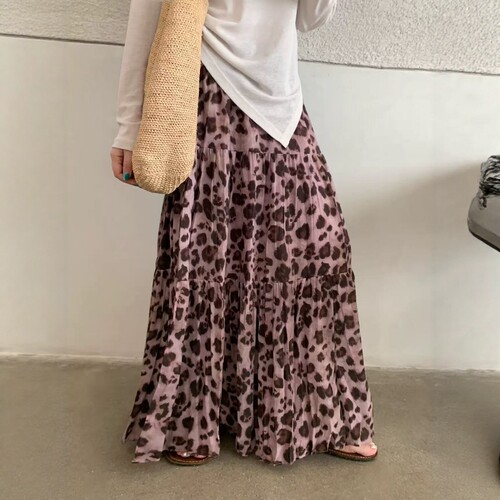one seven复古粉色豹纹半身裙女2026夏宽松高腰显瘦A字百搭长裙潮