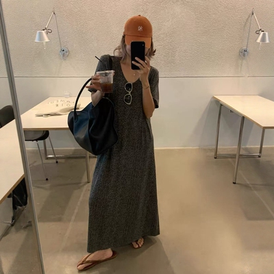 one seven韩版豹纹短袖连衣裙女2026夏宽松显瘦百搭V领过膝长裙子