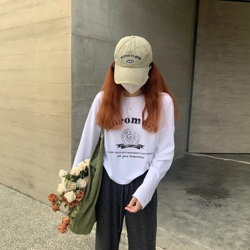 2025秋季one seven新款韩版宽松显瘦百搭短款字母长袖T恤女上衣