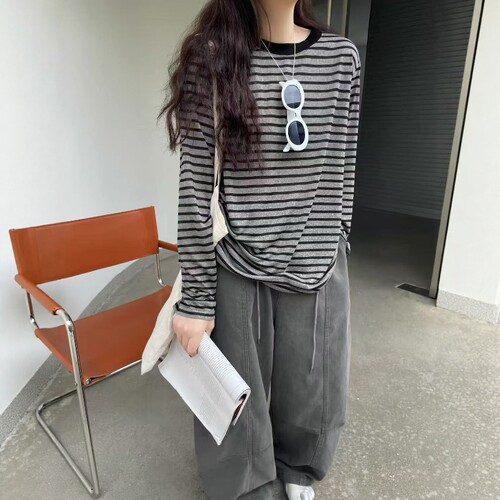 one seven慵懒风条纹长袖T恤女2026秋季宽松显瘦圆领百搭休闲上衣