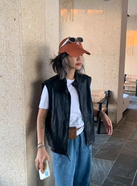 one seven立领机车皮马甲女春秋无袖叠穿pu皮衣皮夹克背心外套潮