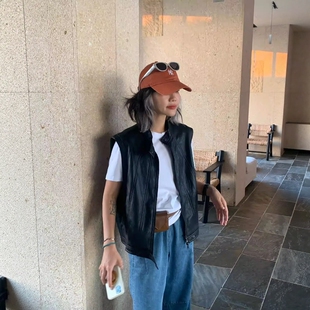 one 叠穿pu皮衣皮夹克背心外套潮 seven立领机车皮马甲女春秋无袖