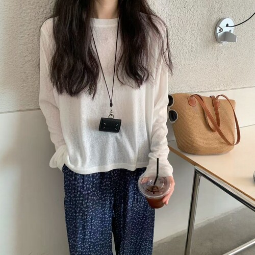 one seven竖条纹圆领长袖防晒T恤女2026夏宽松显瘦百搭薄款上衣潮