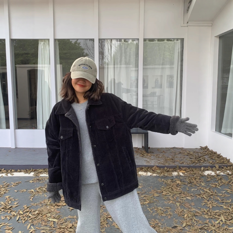 加绒保暖复古灯芯绒羊羔毛外套女