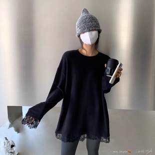 T恤女打底衫 宽松显瘦百搭磨毛蕾丝拼接长袖 seven新款 2025秋冬one