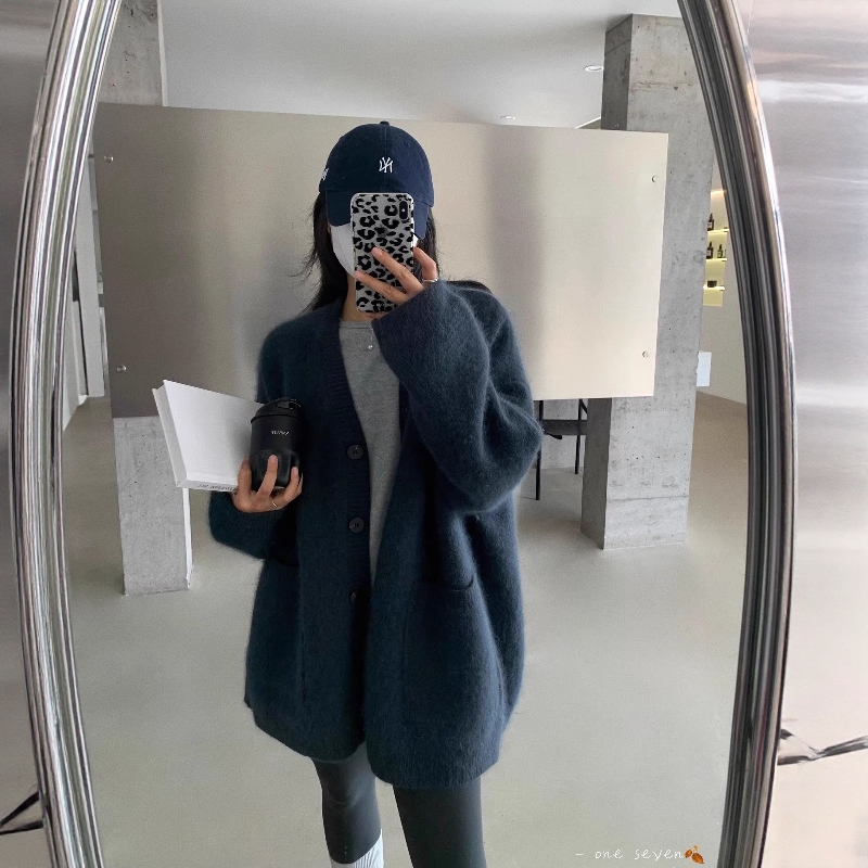 大码加厚V领貂绒中长款毛衣女