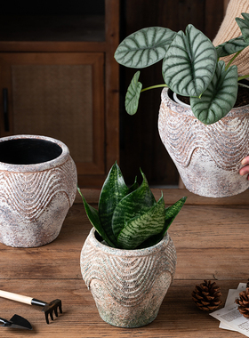 复古做旧侘寂风陶瓷老陶罐多肉花盆摆件花店落地大号罐子干插花