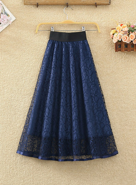 蕾丝半身裙女夏季新款小个子中长款高腰蓬蓬裙显瘦百搭镂空A字裙