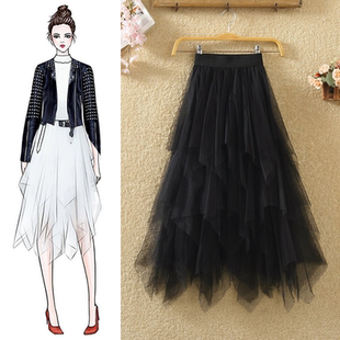 不规则网纱半身裙中长款2026春夏新款高腰显瘦a字蓬蓬裙子纱裙女