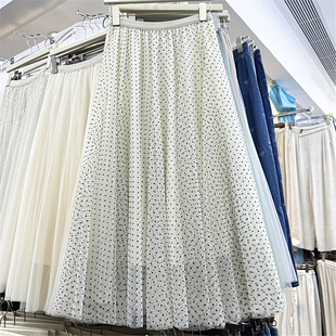 复古文艺植绒波点裙网纱半身裙女春夏新款松紧腰a字蓬蓬大摆纱裙