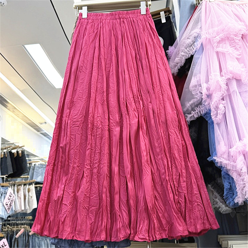 度假风褶皱半身裙女春夏新款高腰橡筋垂感百褶裙子a字大摆裙长裙