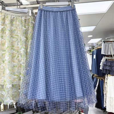 蓝格子网纱半身裙子百搭格纹纱裙