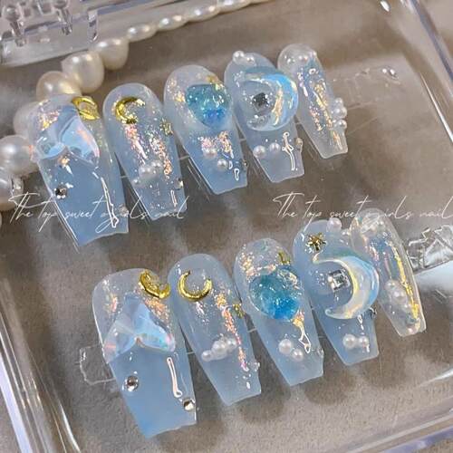 儿童海水蓝冰透立体爱心冰月女童穿戴美甲12岁10岁9可用中长款