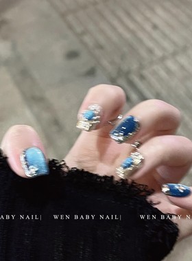 孕妇可用日常简约巨显白湖蓝猫眼高级穿戴甲片短款韩系lns