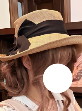 现货 国产平替版 Ca4l龙心同款亚麻黑丝带蝴蝶结宽檐UV防晒遮阳帽