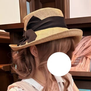 现货 国产平替版 Ca4l龙心同款亚麻黑丝带蝴蝶结宽檐UV防晒遮阳帽