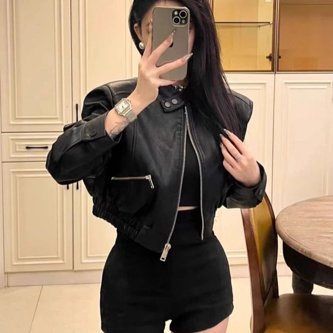 2026春秋新款帅气百搭短款机车服夹克上衣小个子高腰PU皮衣外套女