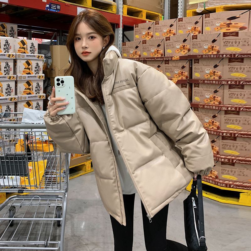 pu皮羽绒棉服女2025年冬季新款加厚棉袄韩系小众外套oversize