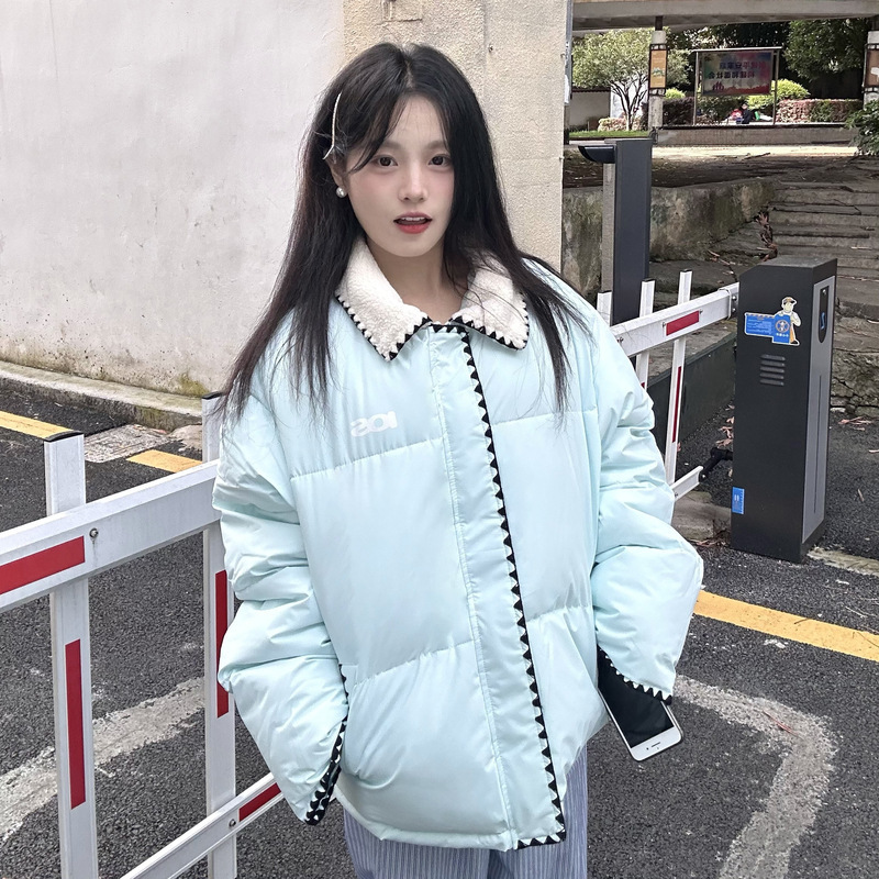 美式学院风贝壳刺绣拼接羊羔翻领棉服女2025冬季加厚棉衣外套