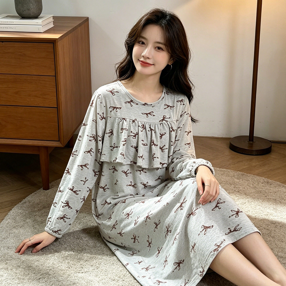 夏女印花加肥大码宽松透气弹力免穿文胸防凸点可外穿家居长袖长裙