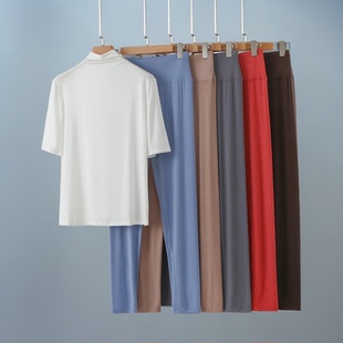 厂家加大码加肥莫代尔睡衣两件套女夏五分半袖长裤家居服高领套装