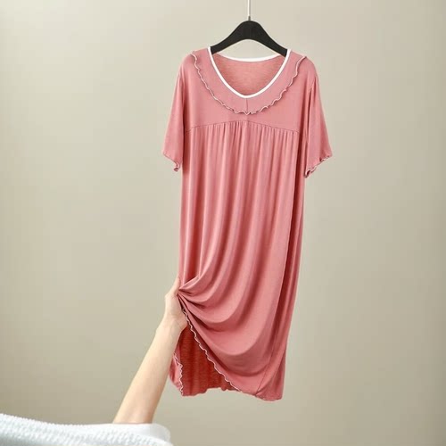 夏季睡裙女莫代尔木耳边短袖连衣裙大码a字裙可外穿长款V领家居裙