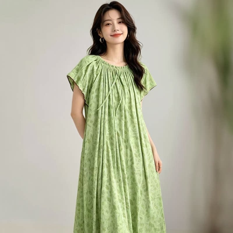 女高织棉加肥大码松紧领口可外穿一字肩圆领两穿睡衣家居时尚长裙