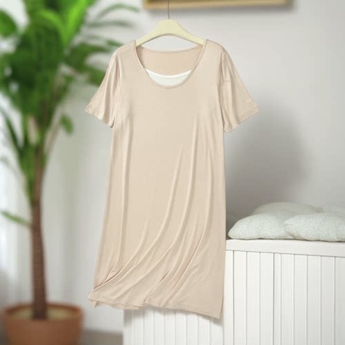 莫代尔睡裙女夏季2026拼色圆领短袖宽松连衣裙外穿大码休闲体恤裙