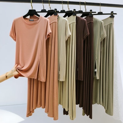 大码莫代尔夏季圆领中长款短袖侧开叉T恤高腰系带长裙休闲两件套