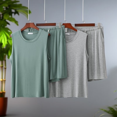 莫代尔男士家居服夏季薄款背心短裤两件套宽松休闲大码可外穿套装