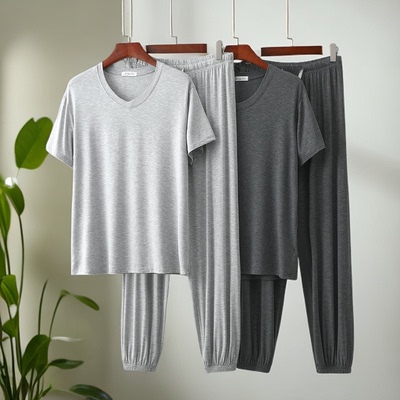 男士大码莫代尔短袖长裤休闲家居服春夏V领可外穿睡衣睡裤两件套