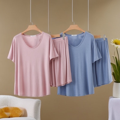 春夏女士新款莫代尔短袖短裤两件套加大码宽松休闲简约家居服套装