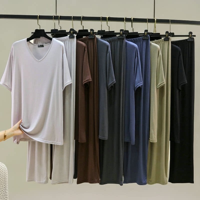 莫代尔男士V领短袖长裤睡衣套装夏季薄款大码T恤阔腿裤休闲两件套