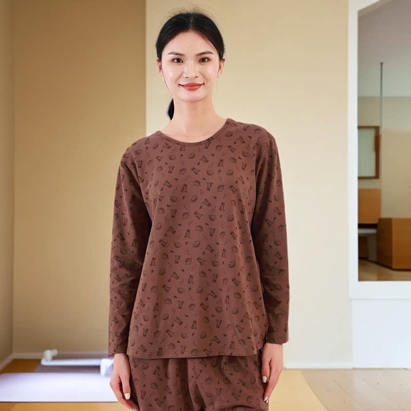 女秋冬新款加大号棉毛印花厚实加肥大码保暖居家服圆领家居上衣