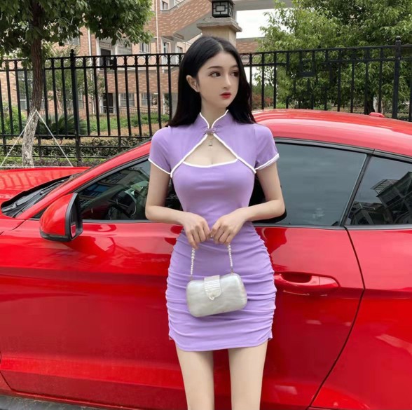网红主播服装气质性感镂空年轻款贴身短款少女旗袍改良版连衣裙