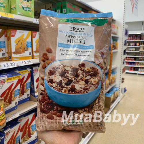 现货英国Tesco无糖麦片无盐葡萄干杏仁榛子即食燕麦片1公斤全谷物