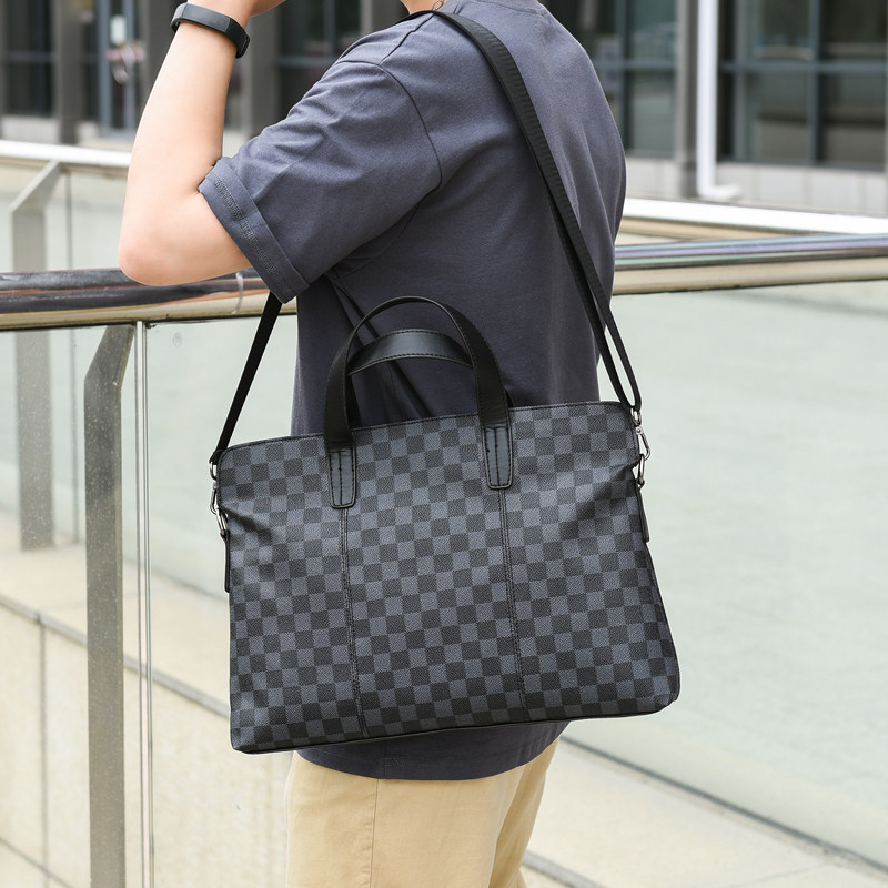 欧美男包格子手提包商务休闲单肩包横款电脑公文包新款皮质文件包