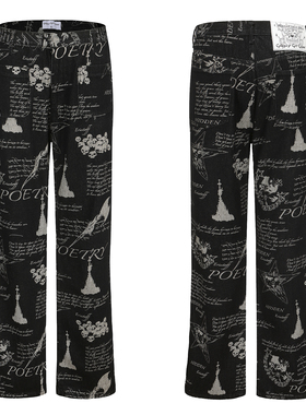 CYCYCY Y2K千禧朋克做旧黑水洗诗歌手绘涂鸦满版修身微喇牛仔裤