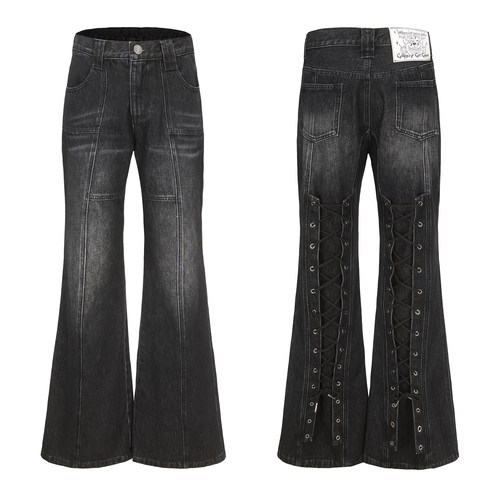 抽绳可调节复古拼接微喇牛仔裤