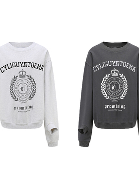 CyCyCy Y2K千禧复古刺绣麦穗印花LOGO双袖休闲通勤廓形圆领卫衣