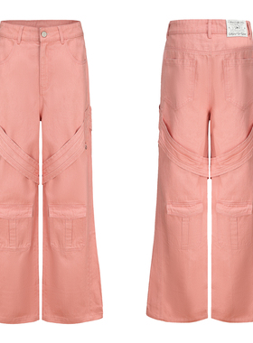 CYCYCY Y2K千禧粉大绑带多口袋休闲宽松百搭阔型工装牛仔裤长裤